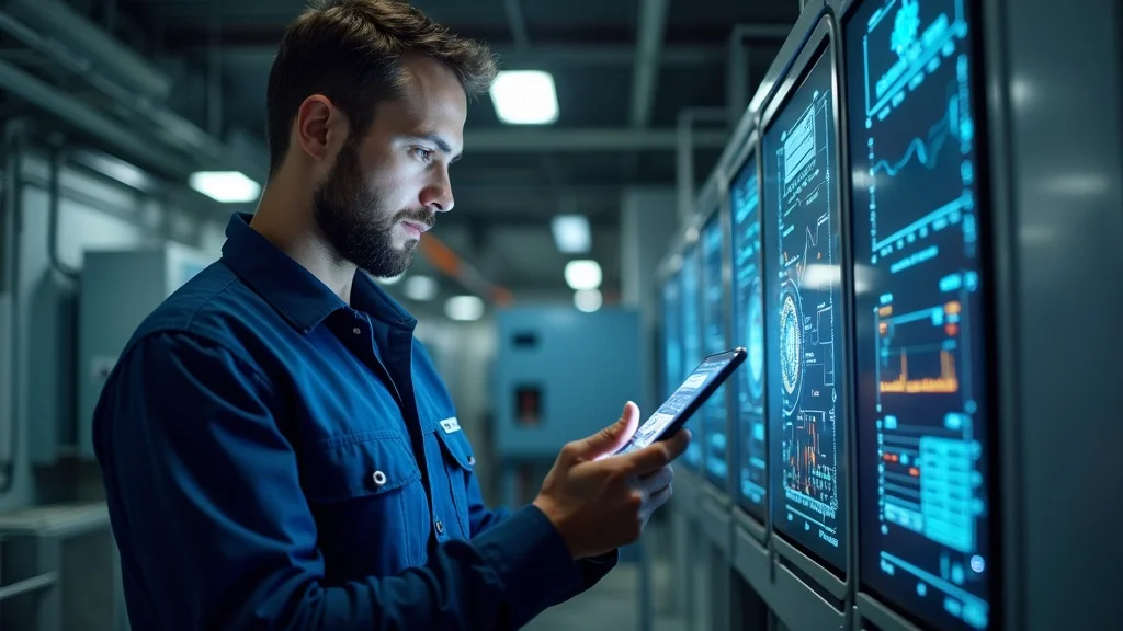 Dynamic HVAC technician using AI diagnostic tools, high-tech workspace, AI adoption challenges